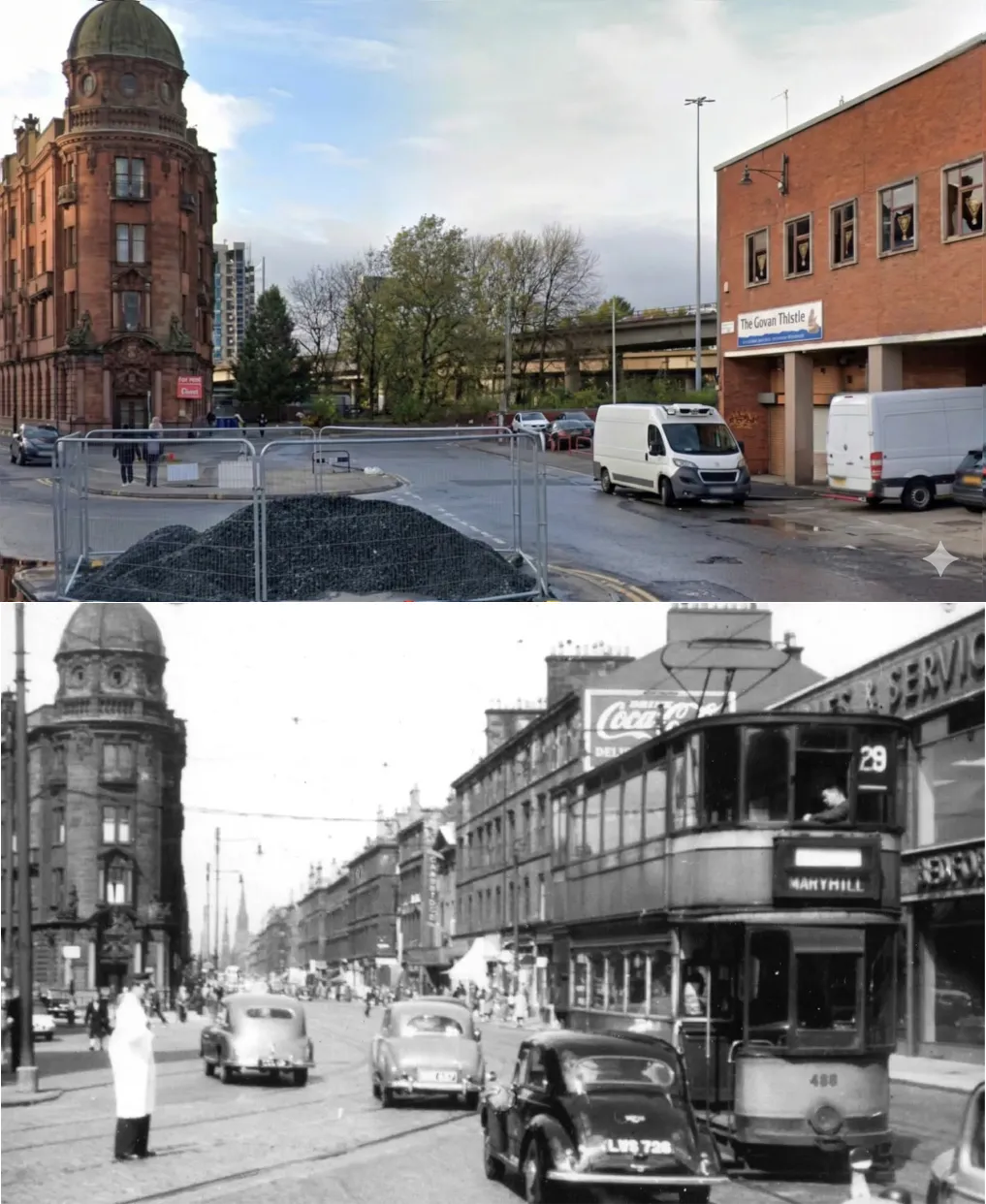 Split image comparing New City Road before and after the M8: a historic black-and-white photograph shows a bustling street with tenements, contrasted with a modern streetview showing the motorway's impact