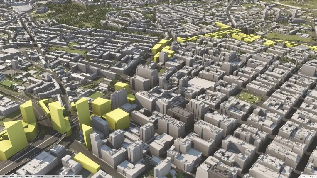 3D model from a different angle showing the scale of housing and mixed-use development possible after M8 removal
